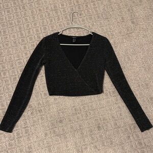 Forever 21 Black Sparkle Wrap Long-Sleeve Crop Top